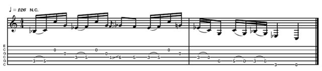 Example 5 - This is a slightly less pattern-orientated phrase that John came up with, illustrating the same rhythmic fingerstyle concept.